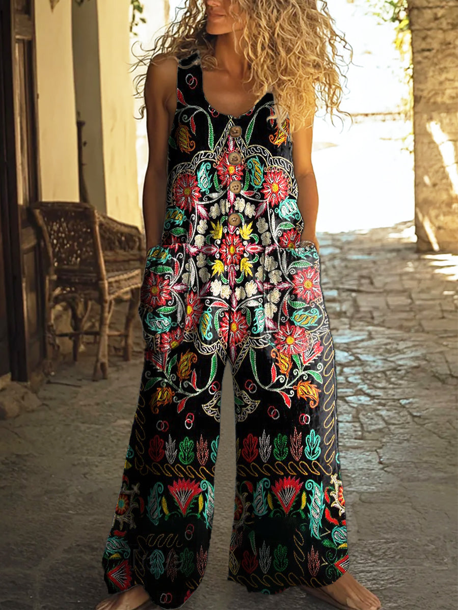 Women's Retro Ethnic Floral Art Print Casual 100% Cotton Wide Leg Jumpsuit