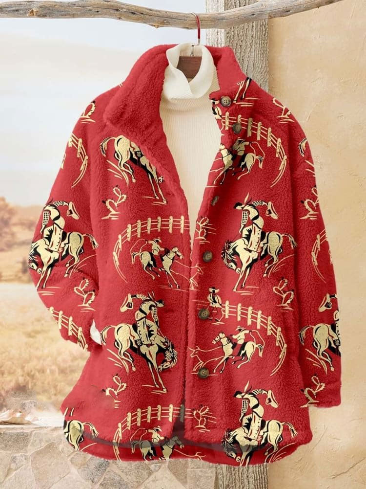 Women's Red Rodeo Casual Sherpa Coat Cardigan