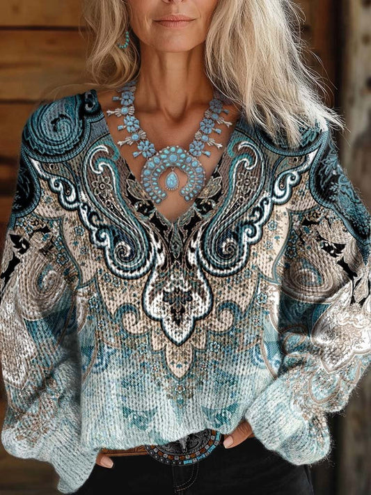 Women's Paisley Casual V-neck Pullover Knit