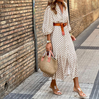 Belt Printed V-Neck Long Dress