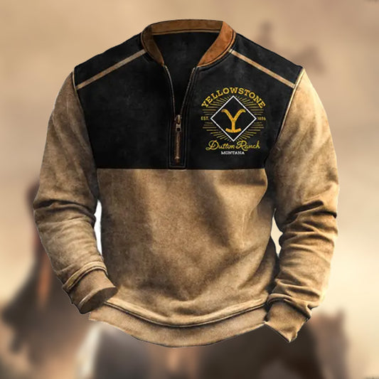 Men's Vintage Western Cowboy Yellowstone Color Block Henley Zipper Long Sleeve Sweatshirt