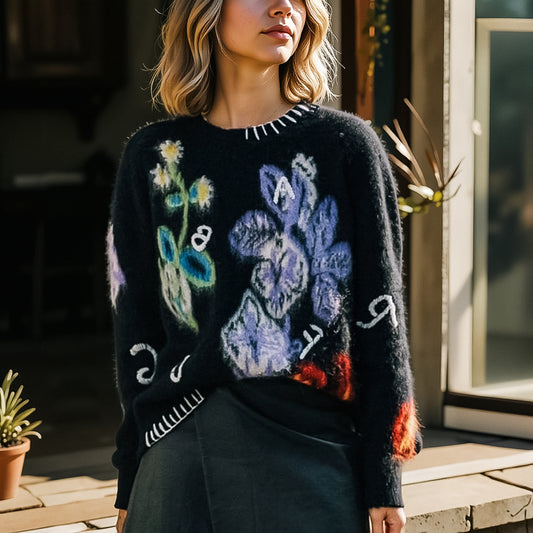 Retro Jacquard Knitted Flower Sweater