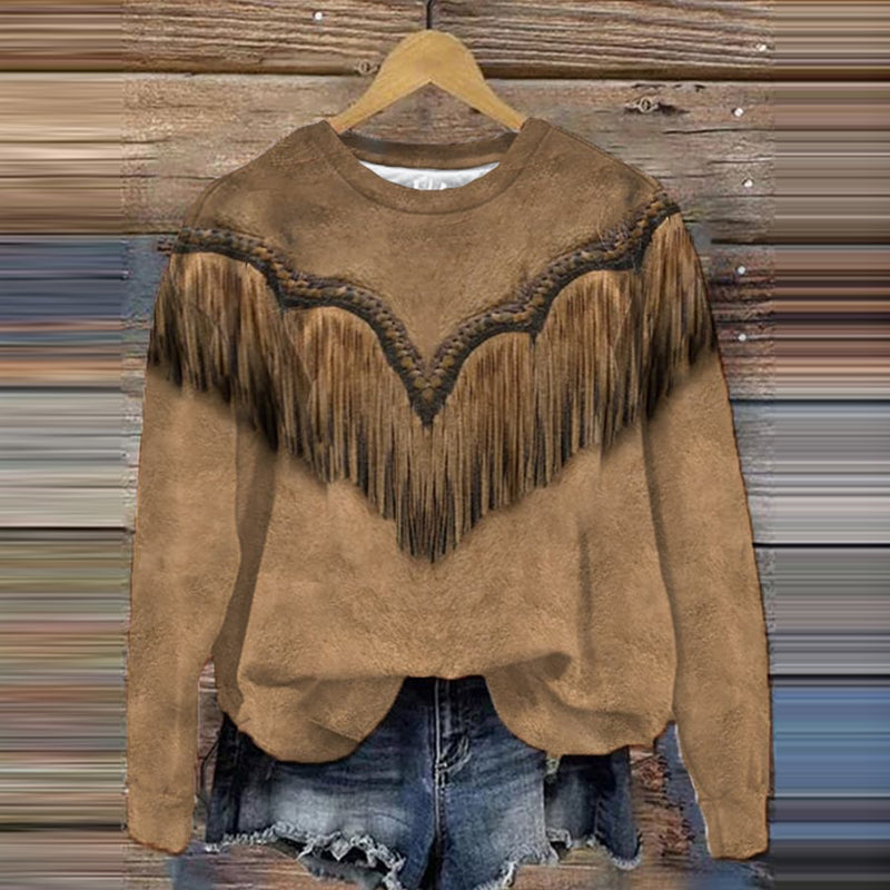 Western Tassel Print Casual Crew Neck Sweatshirt