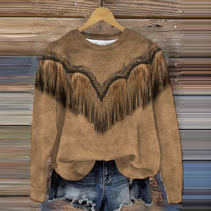 Western Tassel Print Casual Crew Neck Sweatshirt