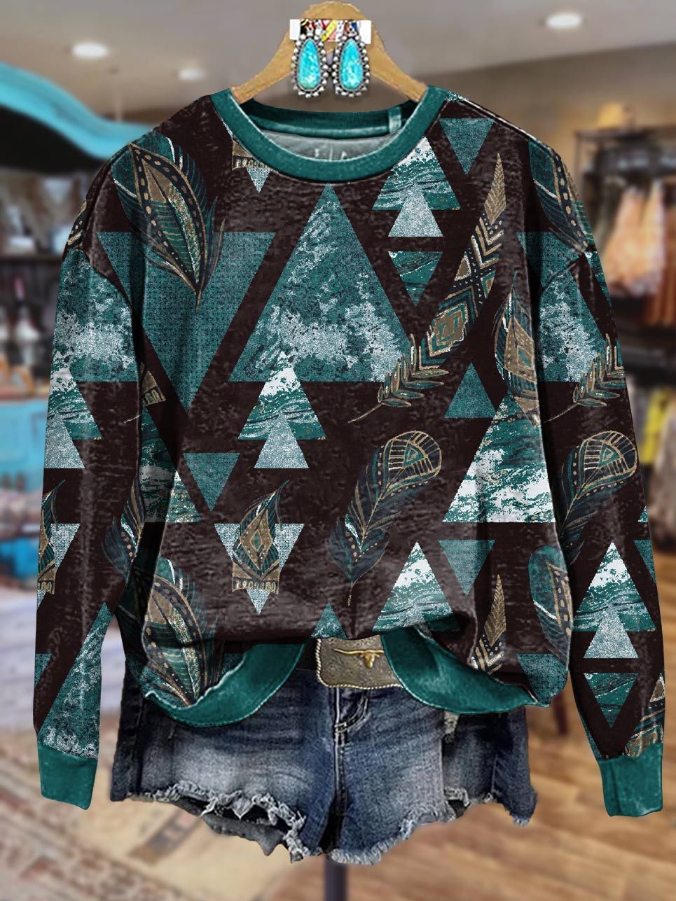 Geometric Feather Print Casual Sweatshirt