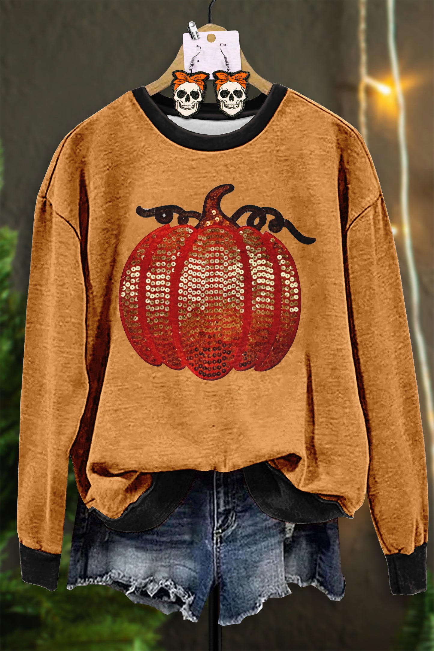 Vintage Halloween Sequin Pumpkin Print Sweatshirt