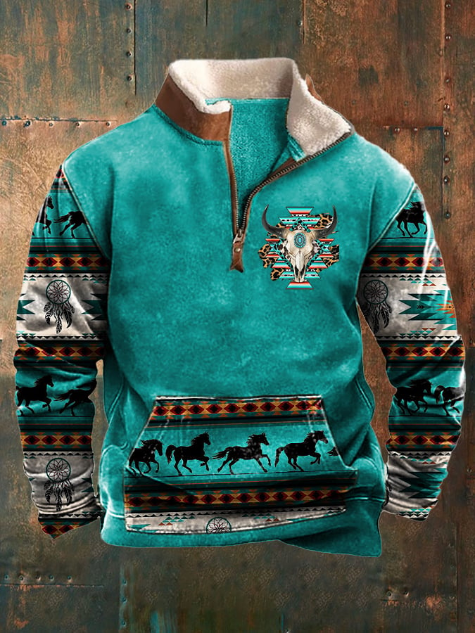 Men'S Retro Printed Long Sleeve Lapel Sweatshirt