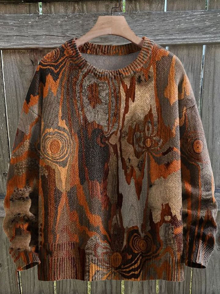 Brown Wood Stump Tree Texture Print Knit Pullover Sweater