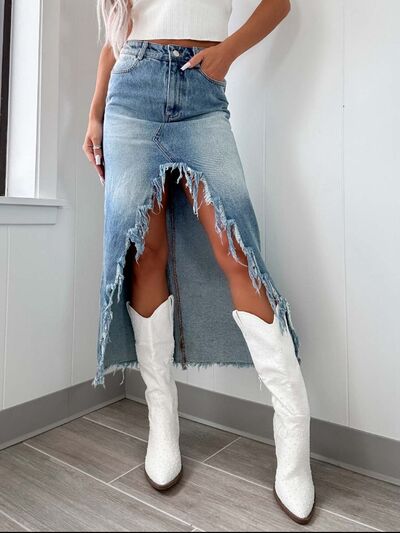 Distressed High Split Denim Skirt