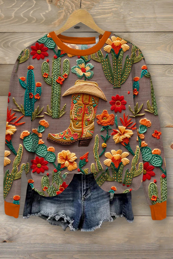 Vintage Western Boots Floral Art Printed Sweatshirt