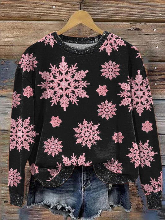 Christmas Glitter Snowflake Pattern Printed Casual  Sweatshirt