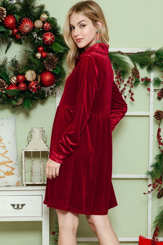 Button down Velvet long sleeve dress Red or Green