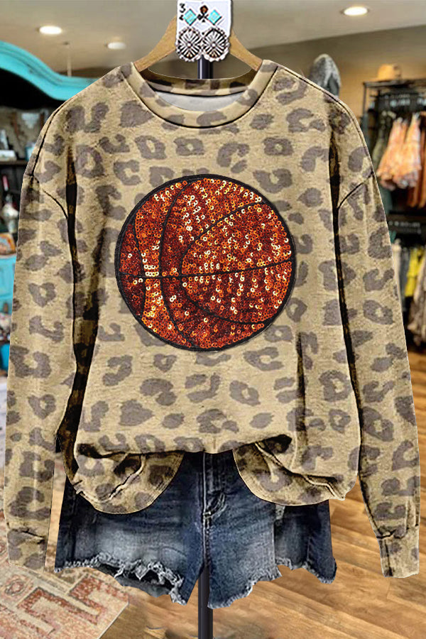 Casual Contrast Leopard Print Basketball Sweatshirt