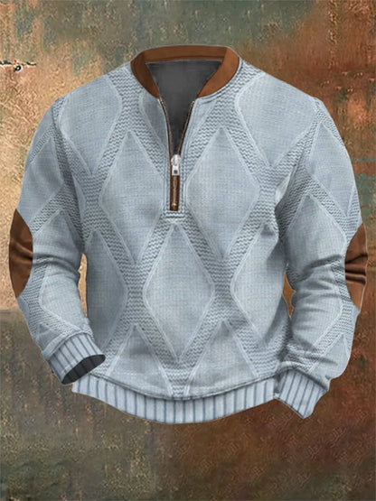 Men's Vintage Western Knitting Print Zipper Stand Collar Casual Sweatshirt