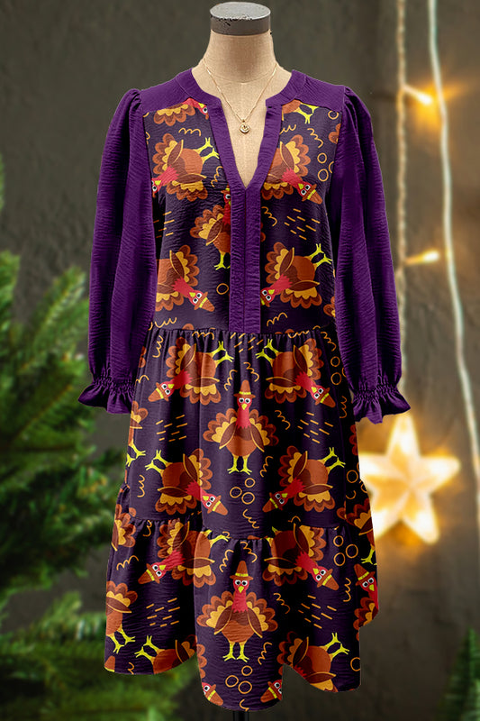 Purple Thanksgiving Turkey Print V-neck Puff Sleeve Dress