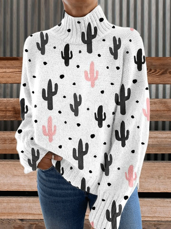 Cactus Print Knit Turtleneck Pullover Sweater