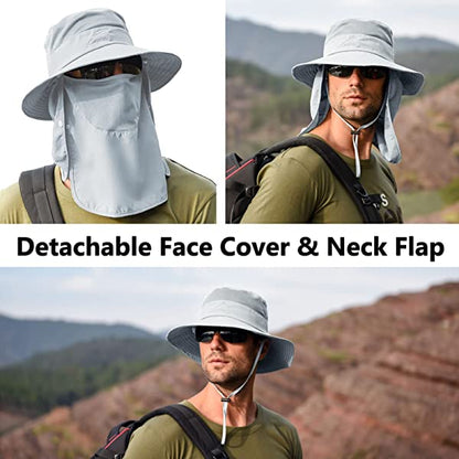 UPF 50+ Sun Fishing Hat for Men Women Wide Brim Hat with Detachable Face Cover & Neck Flap Khaki