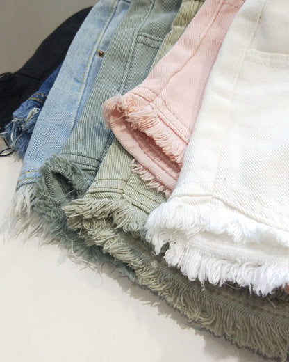 Solid Color Retro High Waist Raw Edge Fringed Denim Shorts