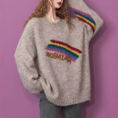 Rainbow Embroidery Loose Round Neck Knitted Sweater