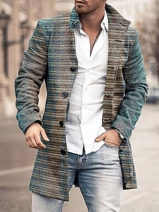 Men's Retro Buttoned Stand Collar Printed Woolen Jacket