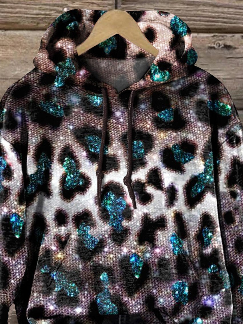 Elegant Leopard And Glitter Pattern Printed Casual Hoodie Sweatshirt