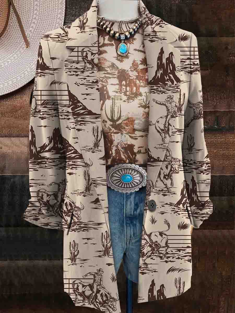 Women's Western Cowboy Riding Bull Print Casual Blazer