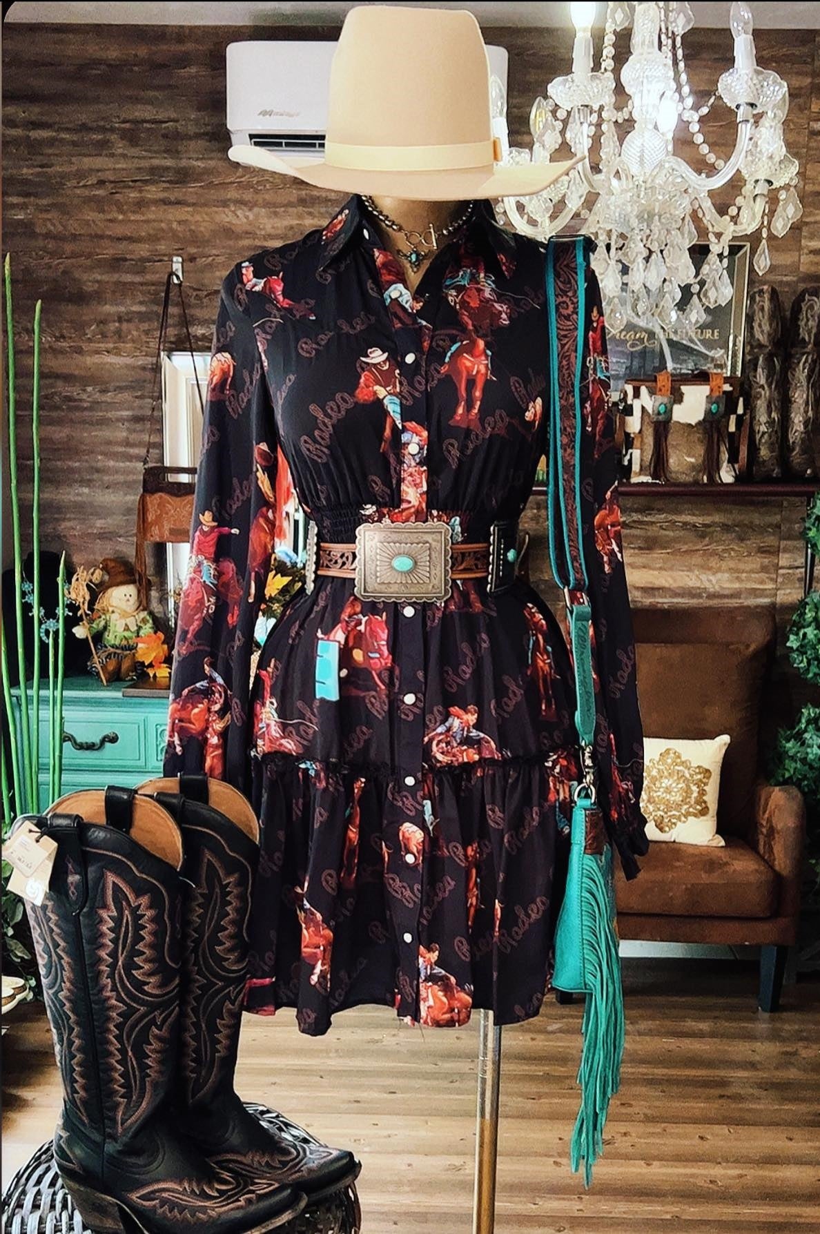 Western Vintage Print Shirt Maxi Dress