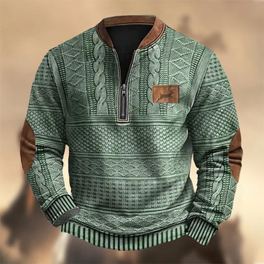 Men's Vintage Western Elk Hunting Knit Print Zipper Stand Collar Casual Sweatshirt