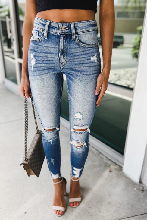 Vintage Casual Washed High Waist  Slim Fit Ripped Jeans