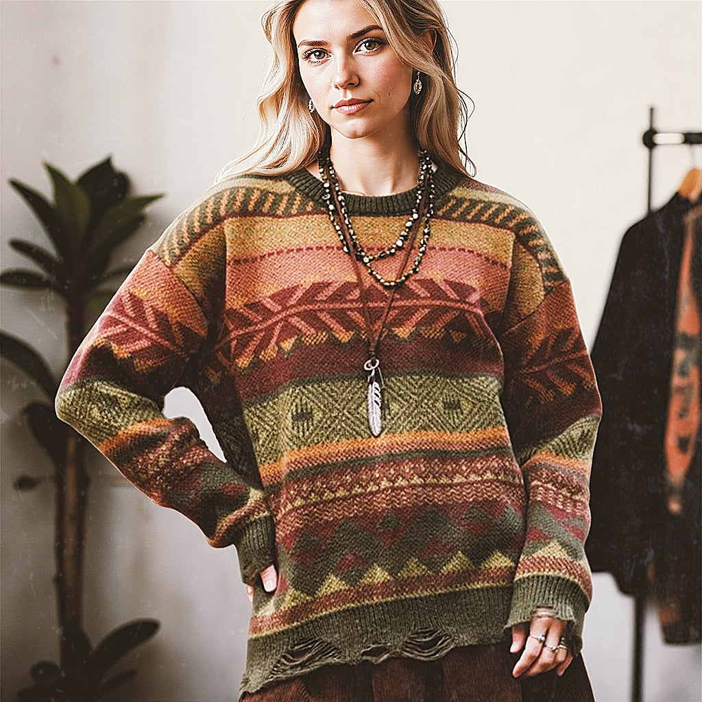 Round Neck Geometric Pattern Hole Knitted Long-sleeved Sweater