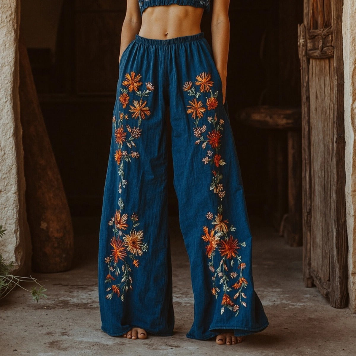 Women's Retro Linen Boho Floral Long Loose Wide-leg Trouser Pants