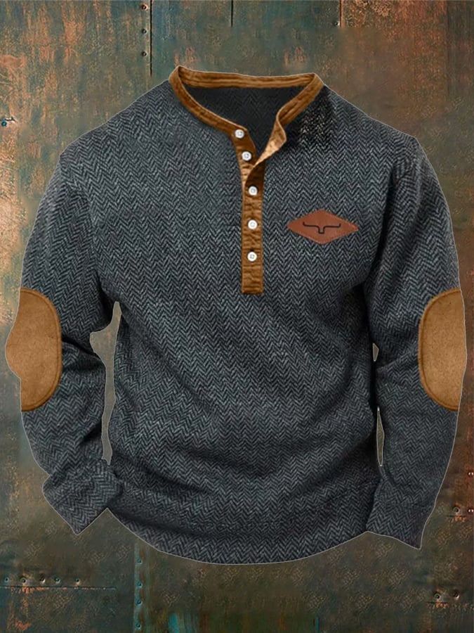 Men's Retro Herringbone Fabric Henley Elbow Patch Color Block Western Sweatshirt