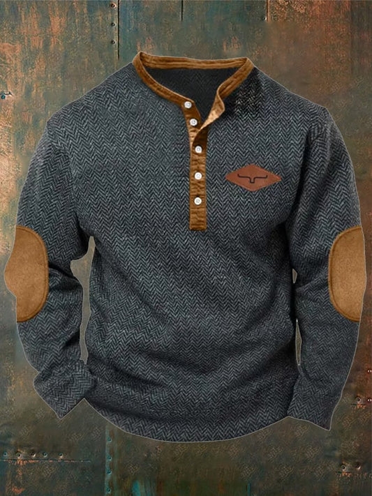 Men's Retro Herringbone Fabric Henley Elbow Patch Color Block Western Sweatshirt