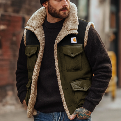 Men's Outdoor Vintage Lamb Wool Multi Pocket Splicing Suede Vest Jacket