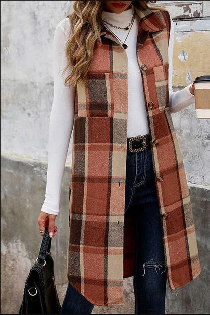 Women's Casual Plaid Regular Loose Vest Jacket