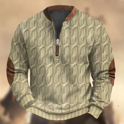 Men's Vintage Country Western Knitted Print Zipper Stand Collar Casual Sweatshirt