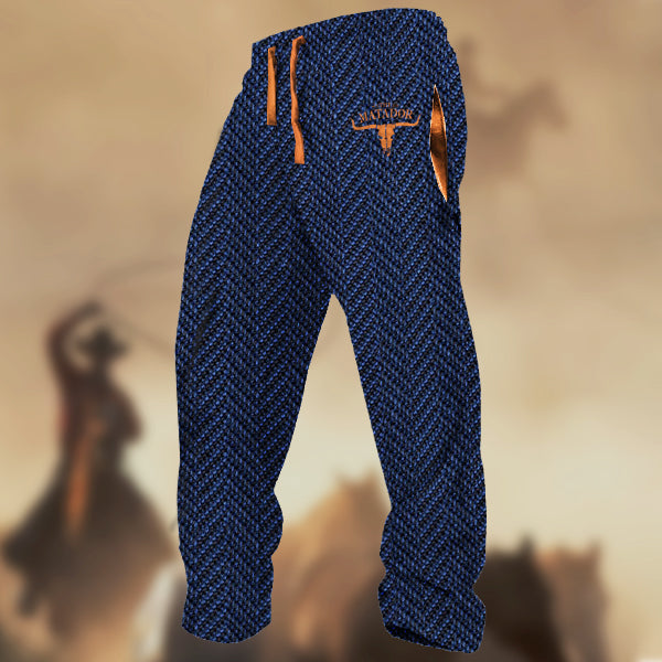 Men's Texas Skull Logo Retro Herringbone Fabric Printed Casual Sweatpants