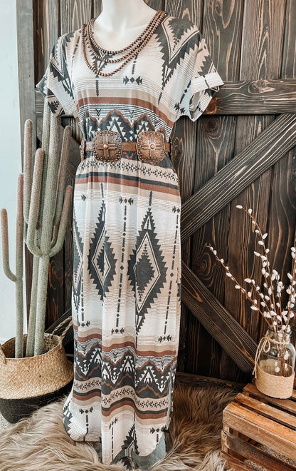 Vintage Western Aztec Print T-Shirt Long Dress