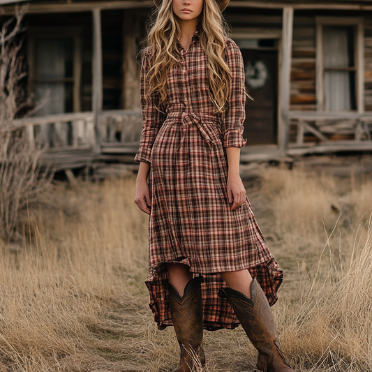 Ladies Vintage Western Style Pastoral Shirt Collar Checked Fabric Rustic Boho Dress