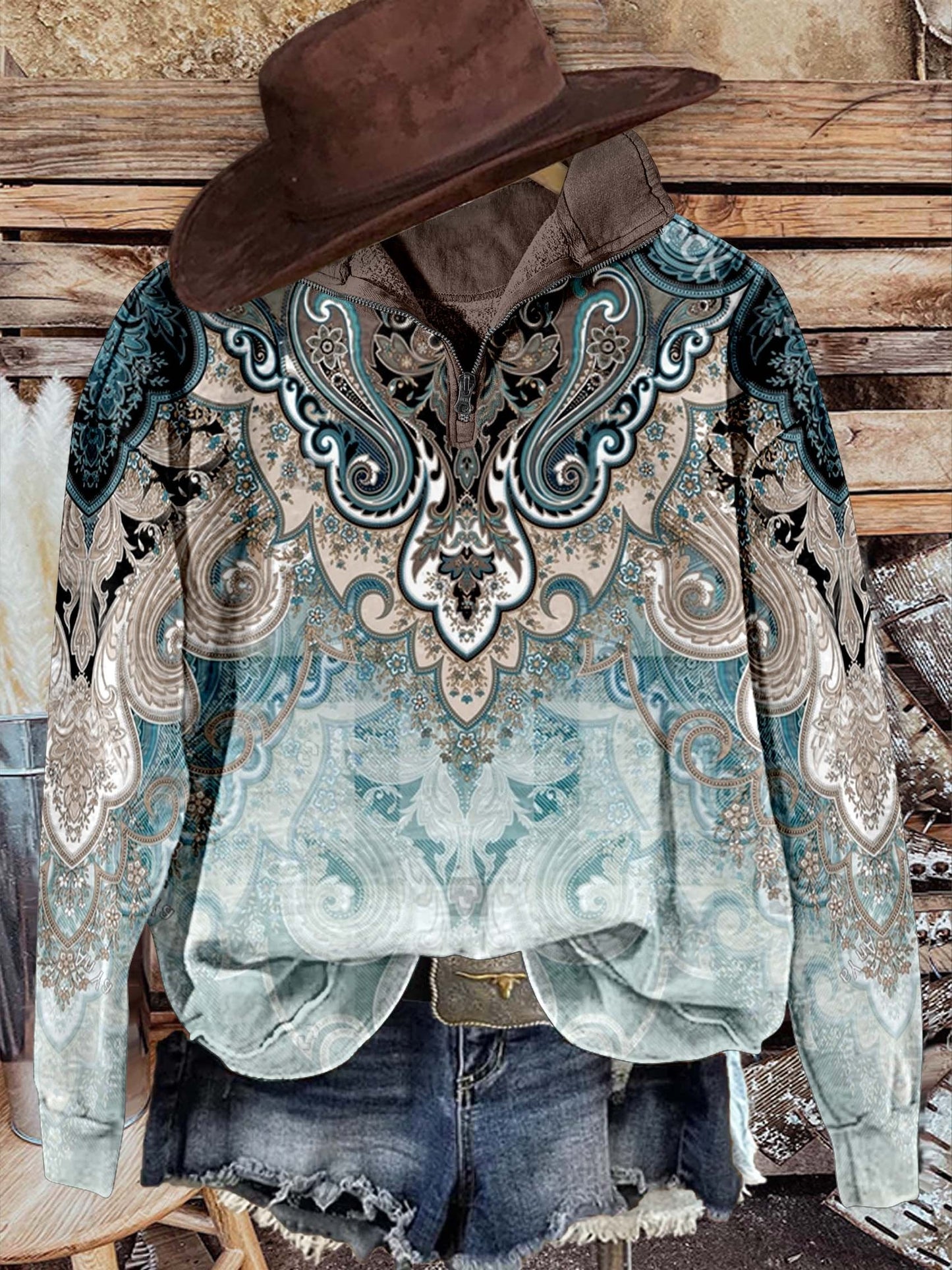 Paisley Casual Long Sleeve Zip Sweatshirt