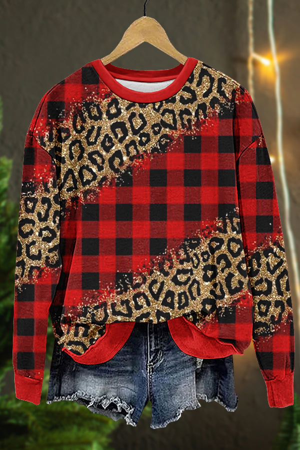 Classic Red Plaid Leopard Print Sweatshirt