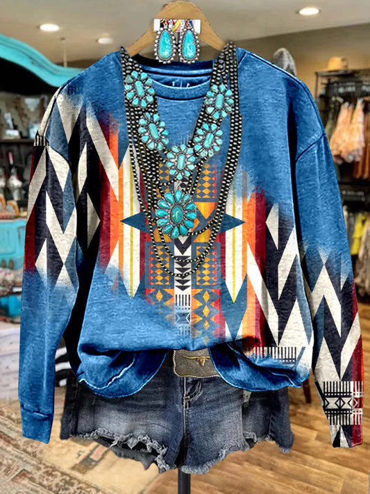 Blue Aztec Print Casual Sweatshirt