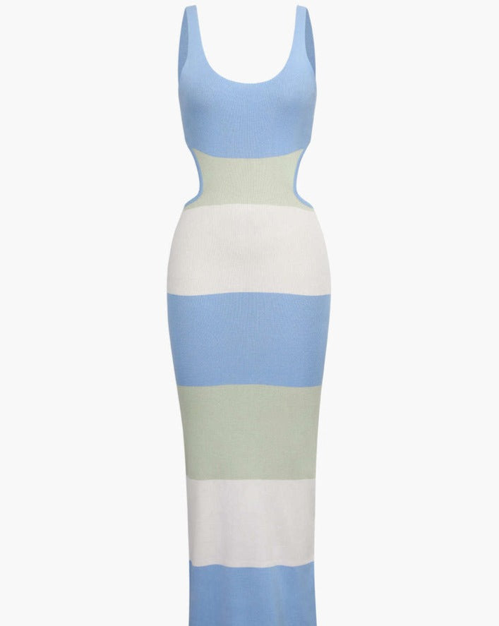 Stretch Knit Striped Color Block Open Back Sleeveless Long Dress