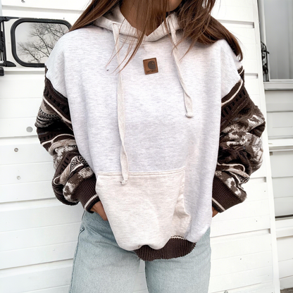 Women's Casual Patchwork Knit Sleeve Hooded Sweatshirt