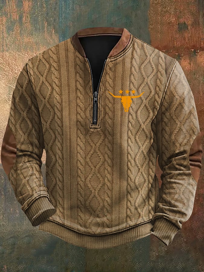 Men's Vintage Western Knit Print Zip-Neck Sweatshirt