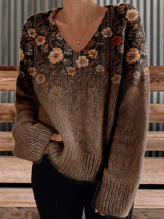 Women's Brown Casual V-neck Pullover Knit