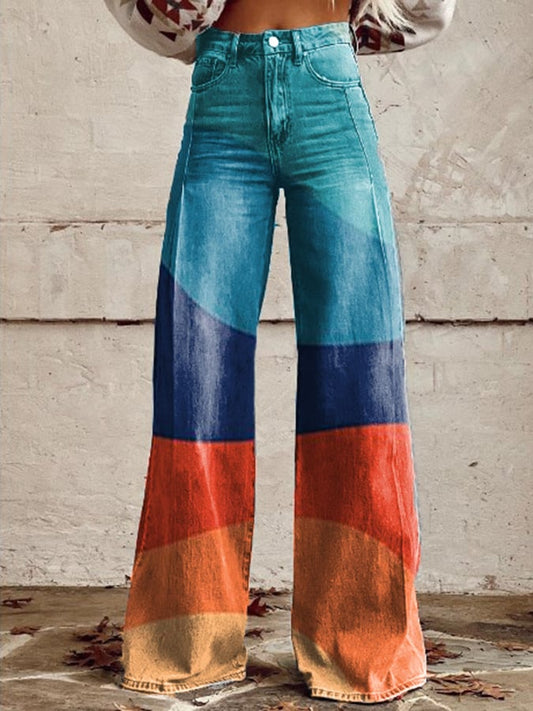 Women's Retro Gradient Color Block Wide Leg Pants