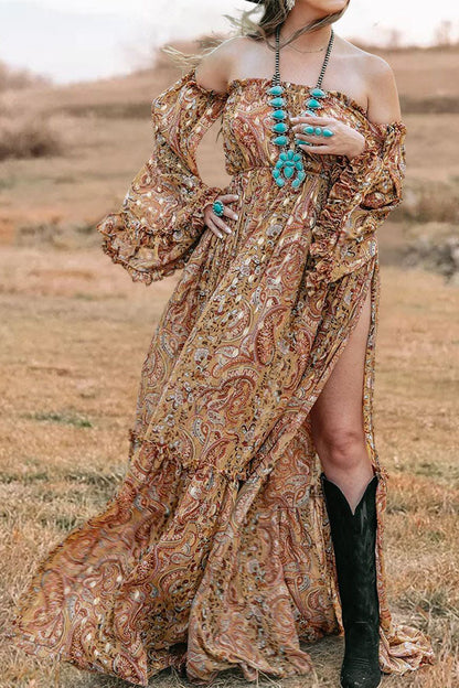 Off Shoulder Paisley Print Slit Dress