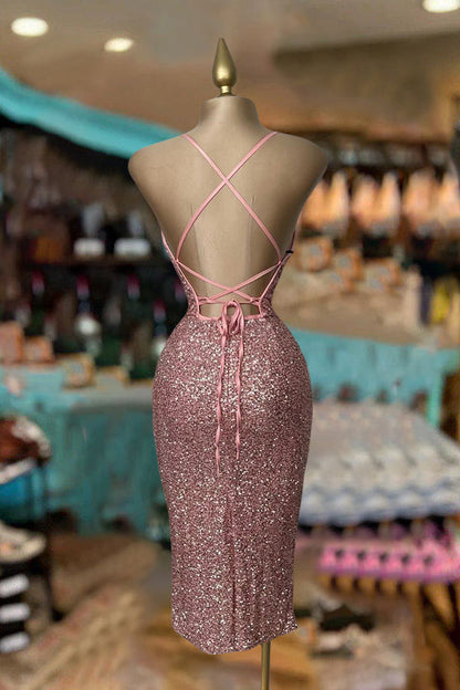 Shiny V-Neck Pleated Backless Sequin Dress