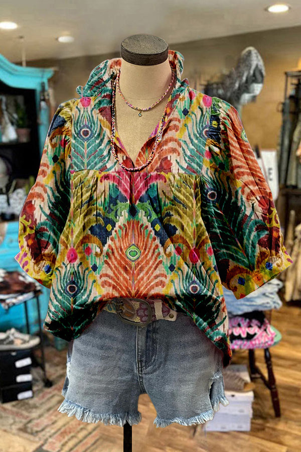 Pretty Mardi Gras Puff Sleeve Blouse